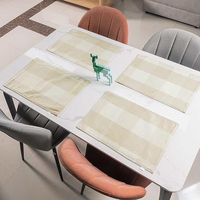 Beige White Buffalo Plaid Placemats 13 x 19 Inches Set of 4,Linen Checkered Double Layer Placemat Decorative Kitchen Table Mats,Waterproof Heat Resistant Durable Cloth Place Mats