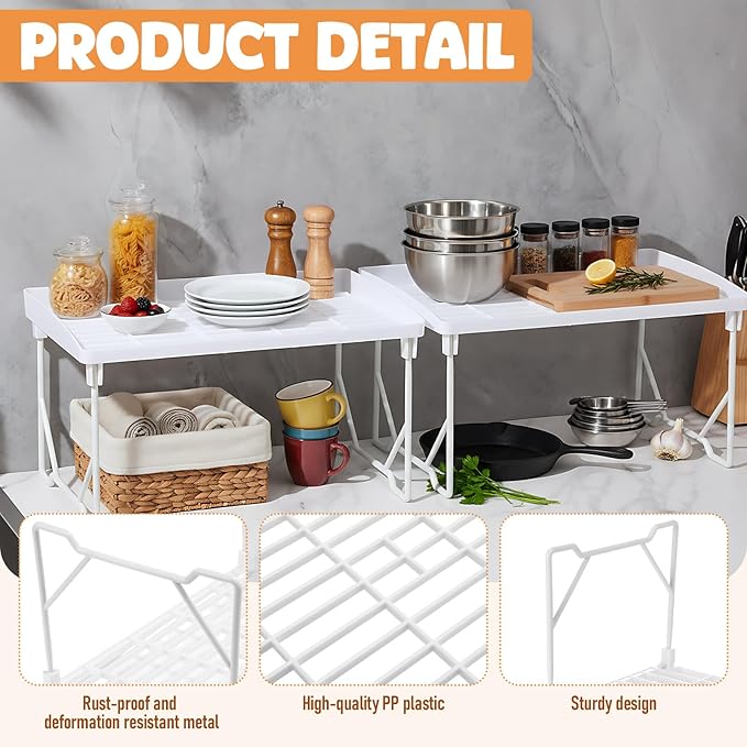 6 Pack Stackable Plastic Kitchen Storage Shelf Foldable Racks, Pantry Shelf Cabinet Organizers, Expandable Storage Rack for Cabinet Fridge Bathroom (12.4 X 7.6 x 6.3,Plastic)