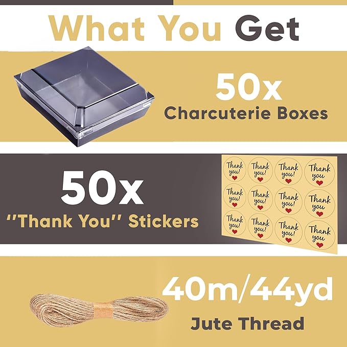 Leafiew 50 Pack Small Charcuterie Boxes with Clear Lids - To Go Paper Mini Charcuterie Box, Disposable Food Containers, 5Inch Dessert Boxes - Sandwich, Cookie, Sushi, Cake Slice, Strawberries (Black)