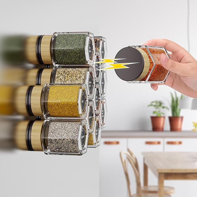 Vetacsion Set of 12 Magnetic Spice Tins with 2 Black Metal Wall-Plates,100 Preprinted Seasoning Label Stickers,2 Styles for 3 oz Herb Jars (12 PCS)