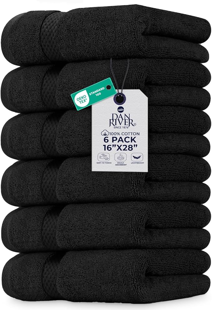 DAN RIVER 6-Pack Premium Hand Towels (16x28 Inches) - 100% Cotton, Ultra Soft, Lightweight, Highly Absorbent Towels for Bathroom, Spa, Gym, Salon, Hotel, and Travel - Black