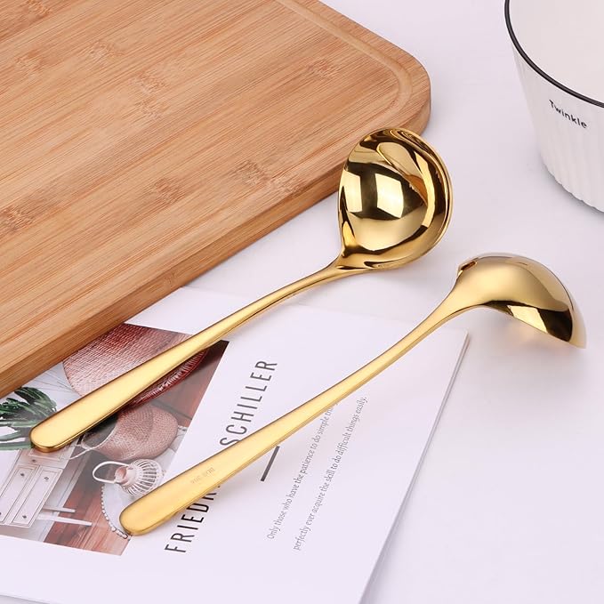 9.5 Inch Gold Ladle Spoons SUS304 Stainless Steel Soup Ladle 2 oz. Gravy Sauce Kitchen Ladle for serving(Set of 2)