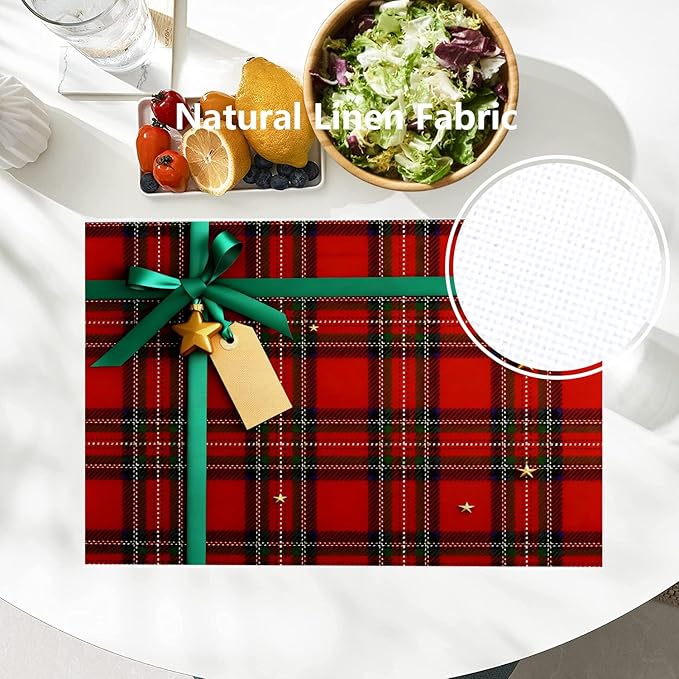 Batmerry Empty Tag On Scottish Plaid Placemats, Bow and Washable Linen Table Mats for Kitchen Table Double Insulation Decor Dining Set Indoor Outdoor 12X18 in Set of 6
