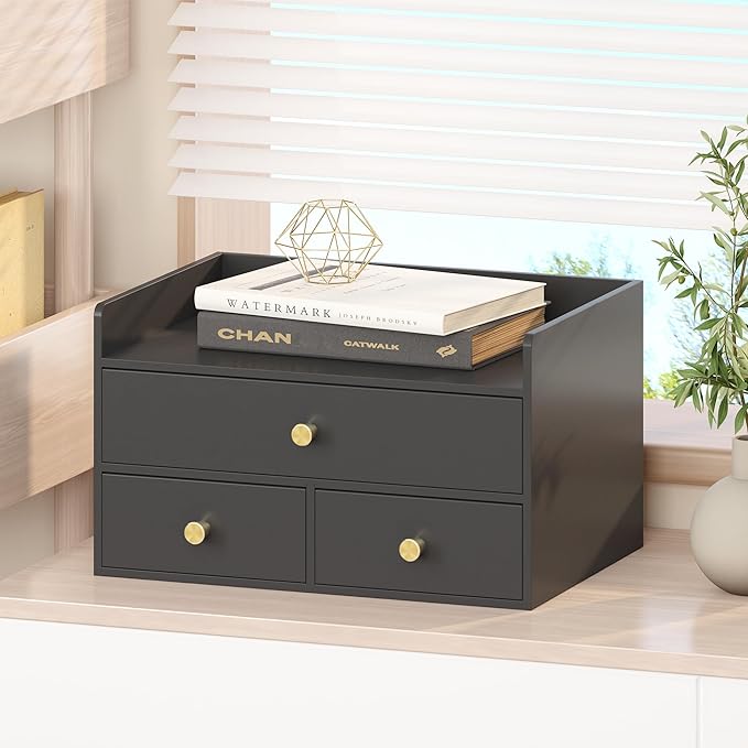 Bamboo Desk Organizer with Drawers Wooden Desktop Storage Drawers for Bills Office Supplies Kitchen Utensils Organizing Tool for Home Classroom Organization No Assembly (Black, 3 Drawers)