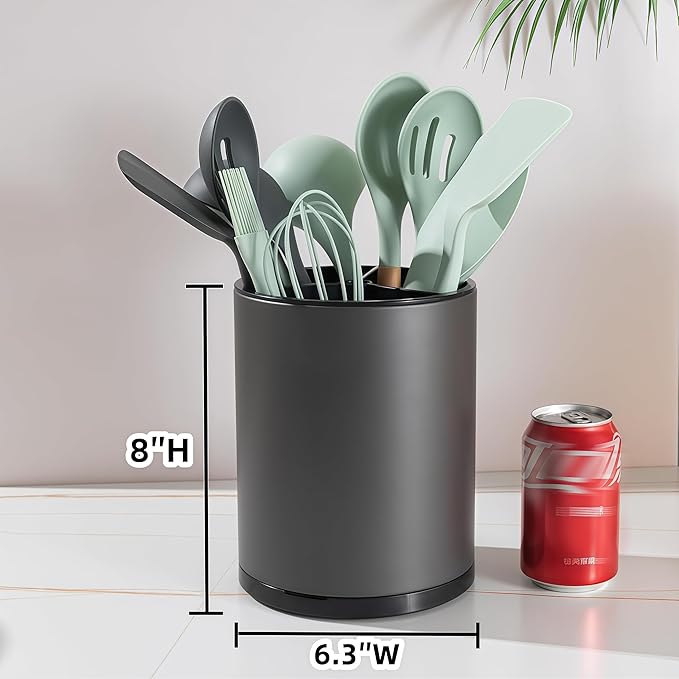 LIBODOUR Kitchen Utensil Holder Extra Large 360°Rotating For Counter Organizer Stainless Steel Storage Cooking Silverware Caddy 3 Compartment Flatware Spoon Spatula Tool Cutlery Container(Grey)
