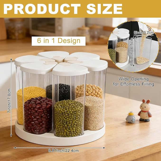 5-10 lbs Rice Dispenser 6 Grids 360° Rotating Cereal Dispenser Countertop BPA-Free PET Grain and Rice Storage Container with Lids Dry Food Dispenser Grain Canister Sets for Oats Flour Corn Flakes