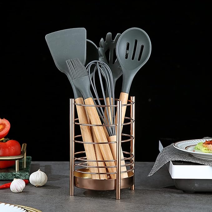 Copper Kitchen Utensil Holder for Kitchen Counter, Stainless Steel Utensil Crocks, Titanium Coating Utensil Storage Caddy Organizer, Cooking Utensil Holder, Easy Cleaning (Rose Gold/7.4''x5.2'')