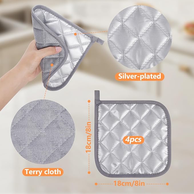 GeeRic 4 Pack Potholders for Kitchen, Heat-Resistant Quilted Cotton Hot Pads, Durable and Machine Washable with Hanging Loop Mat for Cooking, Baking, and Grilling Gray