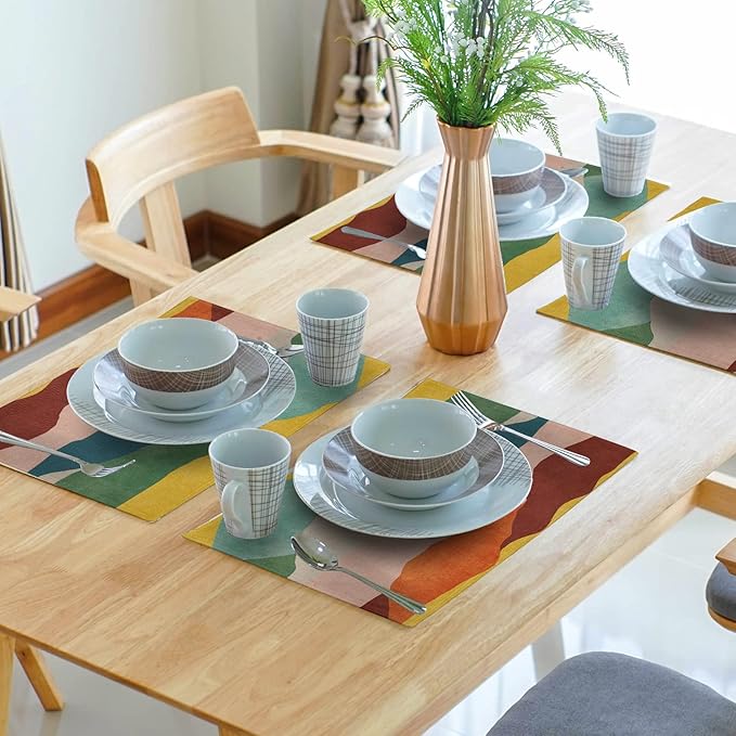 Colorful Art Placemats for Kitchen - Mountain Painting Placemats Set of 4 Abstract Modern Art Linen Table Mat Watercolor Place Mat Decorative Holiday Indoor Outdoor Dinner Decor 12 x 18 Inch