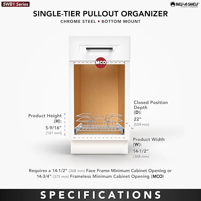 Rev-A-Shelf Kitchen Cabinet Pullout Shelf and Drawer Organizer Slide Out Pantry Storage Basket in Multiple Sizes, 15 x 20 In, 5WB1-1520CR-1