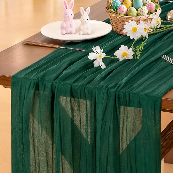 Socomi Emerald Green Cheesecloth Table Runner Easter Spring Boho Rustic Gauze 120 inch 10FT Cheese Cloth Runner for Wedding Party Baby Shower Birthday Home Decor Holiday Decorations