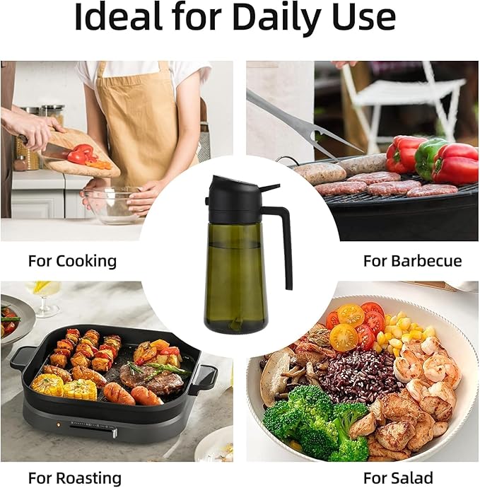 Aovdy Oil Sprayer for Cooking 16oz,2 in 1 Olive Oil Dispenser and Oil Sprayer - 470ml Olive Bottle Spray and Pour - Glass Oil Dispenser for Kitchen Cooking Salad BBQ (2PCS-Light-Proof Black & Green)