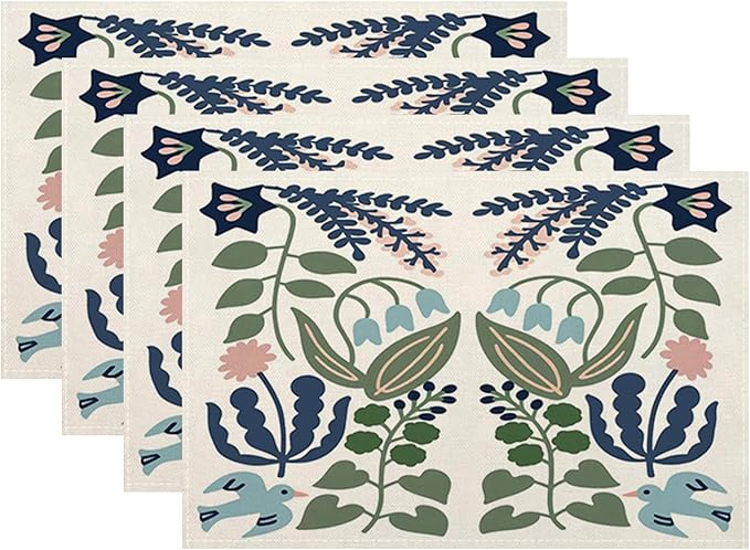 Boho Placemats Set of 4 Navy Blue Sage Green Vintage Floral Decor Place Mats 12x18 Inch Flower Spring Summer Seasonal Farmhouse Decoration Linen Table Mats for Home Kitchen Dining Party Table