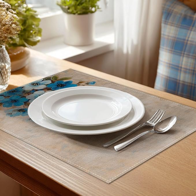 HOMETITUTE Placemats Set of 4 12x18 inch Spring Table Mats for Dining Table Painted Floral Linen Placemats Farmhouse Decorations Kitchen Decor Desk Mat for Outdoor Home Party Kitchen Seasonal Dining