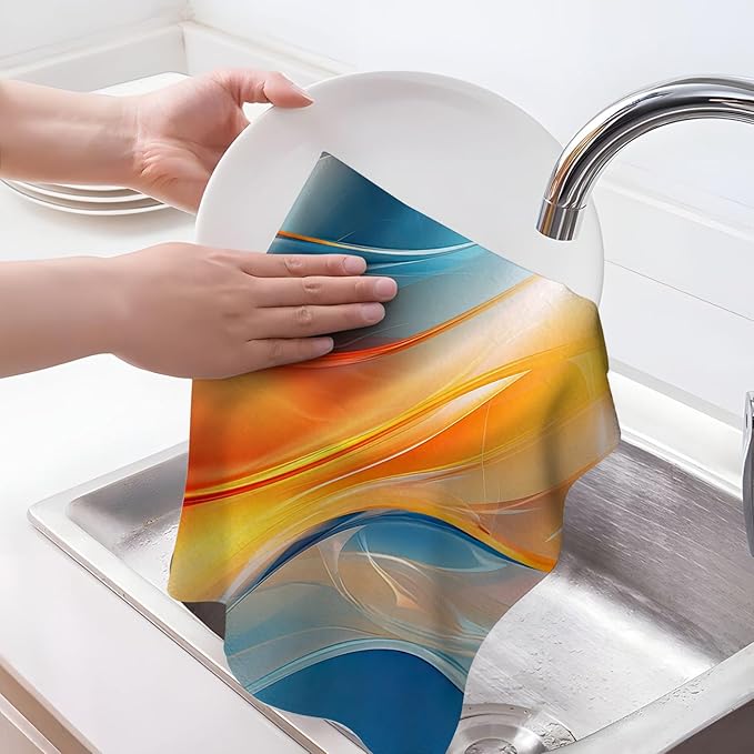 Orange Blue Kitchen Dish Towels Set of 4, Soft Absorbent Marble Decorative Tea Towels Hand Drying Baking Cooking Cloth for Kitchen Orange Blue Decor