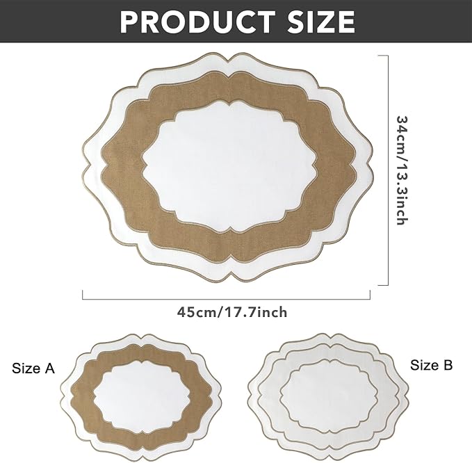 Embroidery Cotton Linen Placemats Set of 4, HADEEONG Table Mats Cloth Placemats, Washable Wrinkle Resistance, Double Layer Scalloped Fabric Placemats, 17.7 x 13.4inch (White with Brown, 4)