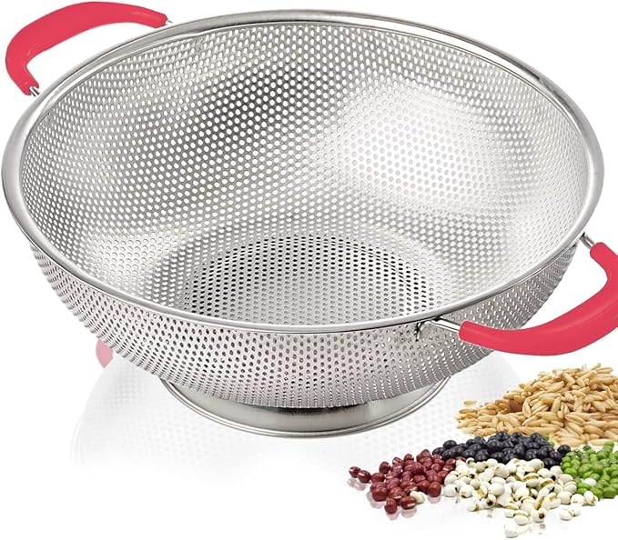 5-Quart Colander 18/8 Stainless Steel Colander Silicone Handle Large Heavy Duty Professional Kitchen Strainer Great For Pasta, Berry, Veggies, Noodles, Fruits - Pink