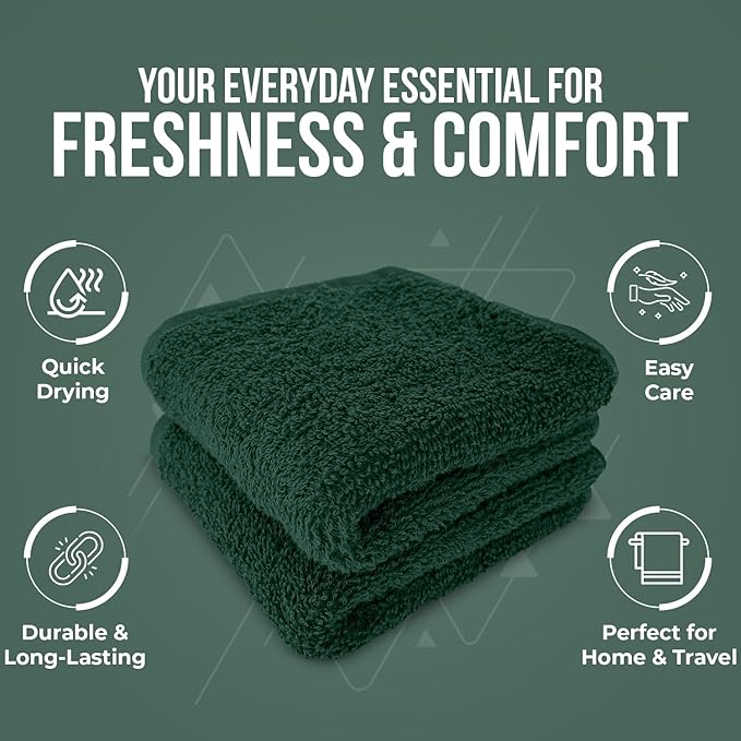 DAN RIVER 24 Pack Wash Cloths for Showering [12x12] - 100% Cotton Washcloths Premium Quality Flannel Face Cloths for Bathroom, Highly Absorbent and Soft Feel Wash Clothes, Huntergreen