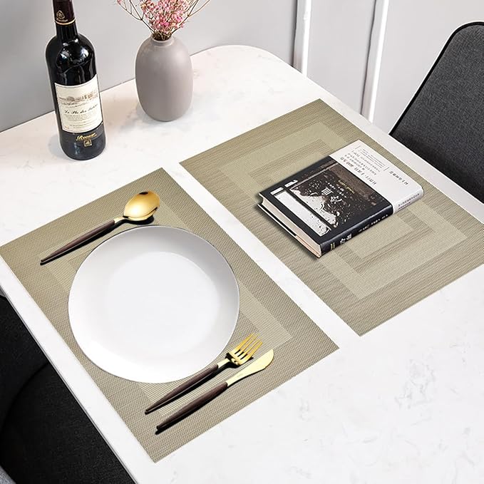 PIGCHCY Placemats Heat Resistant Non Slip Plastic Table Mats Washable Easy to Clean Woven Vinyl Kitchen Durable Placemats for Dining Table Set of 4 (Beige)