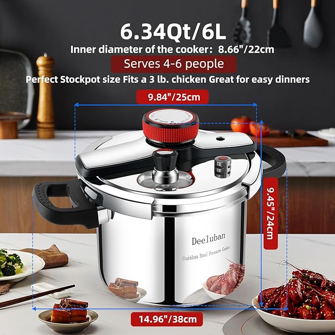 6.34 Quart Stainless Steel Pressure Cooker, Medium Size Stovetop Pressure Cooker, Induction Compatible, Heavy Duty, Even Heat Base for Daily Family Cooking