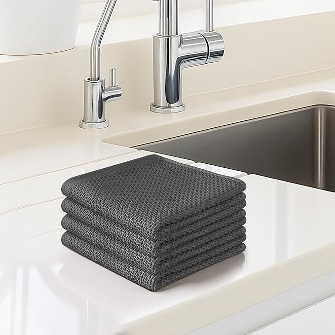 100% Cotton Waffle Weave Kitchen Towels, 4 Pack Dish Cloths for Washing Dishes, Ultra Soft Absorbent Dish Towels, Quick Drying Kitchen Rags, 13x28 Inches, Dark Grey