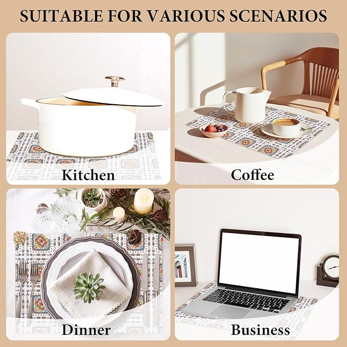 Cotton Linen Waterproof Placemats Set of 4, Boho Style Colorful Dining Mat Table Mats Decor Fabric for Kitchen Dinner Coffee Shop Table, Indoor/Outdoor Washable Wipeable Place Mat -N016