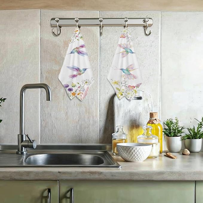 2 Pcs Hummingbird Kitchen Towels, Floral Decorative Absorbent Microfiber Dish Cloth Tea Towel, Waffle Soft Towels, Hummingbird Gifts for women Spring Party Holiday Supply Bathroom Housewarming