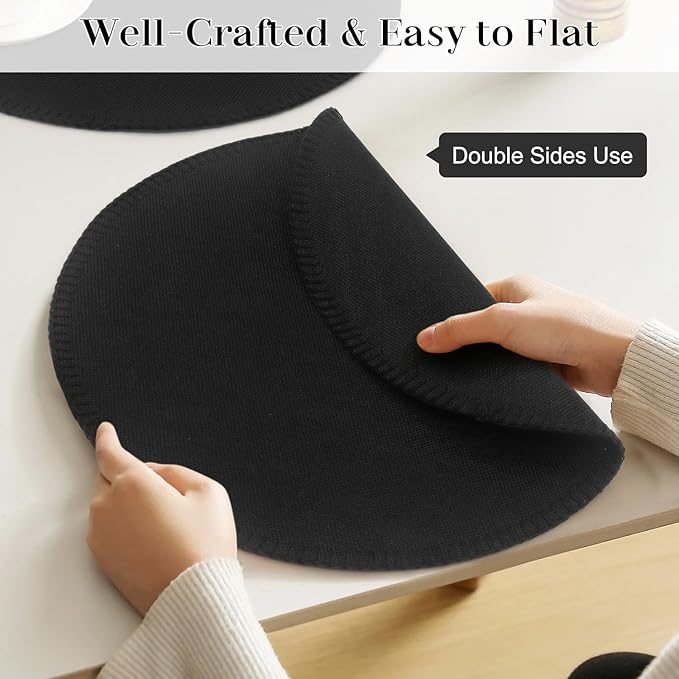 Round Placemats Set of 6, 15 Inch Linen Fabric Table Placemats, Heat Resistant, Wrinkle Free Washable Placemats Kitchen Place Mats Set of 6 for Dining Table Party Table (Black, 6)
