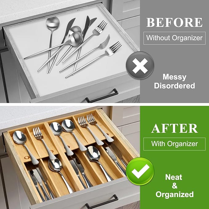 Hilislog Bamboo Silverware Drawer Organizer Cutlery Tray for Drawer Wood Kitchen Utensil Tray Flatware Caddy Cutlery Holder Utensil Drawers Organizer for Spoon Fork Knives Wooden Silverware Trays