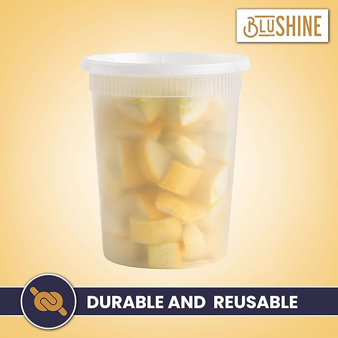BluShine [24 Sets] 32 oz. Plastic Deli Food Storage Containers with Airtight Leak Proof Lids - Reusable - Microwave, Fridge, and Freezer Safe