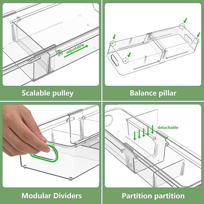 BLULEE Adjustable Clear Drawer Organizers, Expandable Bathroom Drawer Organizer Bins with Dividers, Versatile Makeup Organizer for Drawer, Plastic Desk Drawer Organizer (8 Pcs)