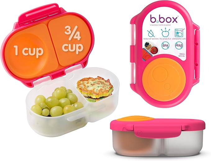 b.box Snack Box - Leakproof Mini Bento Box for Kids & Toddlers, 2 Compartment Snack Containers for Kids, Lunch Containers, Dishwasher Safe, BPA Free, PFAS Free, Ages 4m+, 1 3/4 Cup - Strawberry Shake