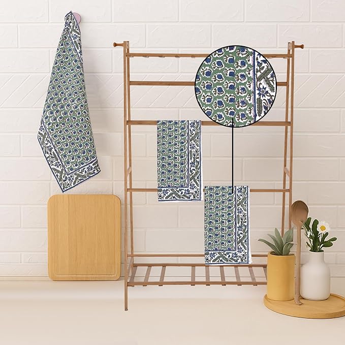 Ridhi Basil Green Hand Block Print Waffle Kitchen Towel Set of 3-16 x28 Ultra Absorbent Quick Dry 100% Cotton Dish Towels Lightweight Reusable Sustainable Tea Towels for Cleaning and Drying
