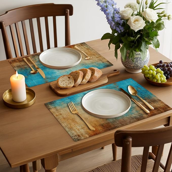 Farmhouse Placemats Set of 4, 12x18 Inch Blue and Orange Vintage Abstract Messy Rust Painting Table Mats for Outdoor Home Party Kitchen Dining Decoration, Washable Non-Slip Heat Resistant Place Mats