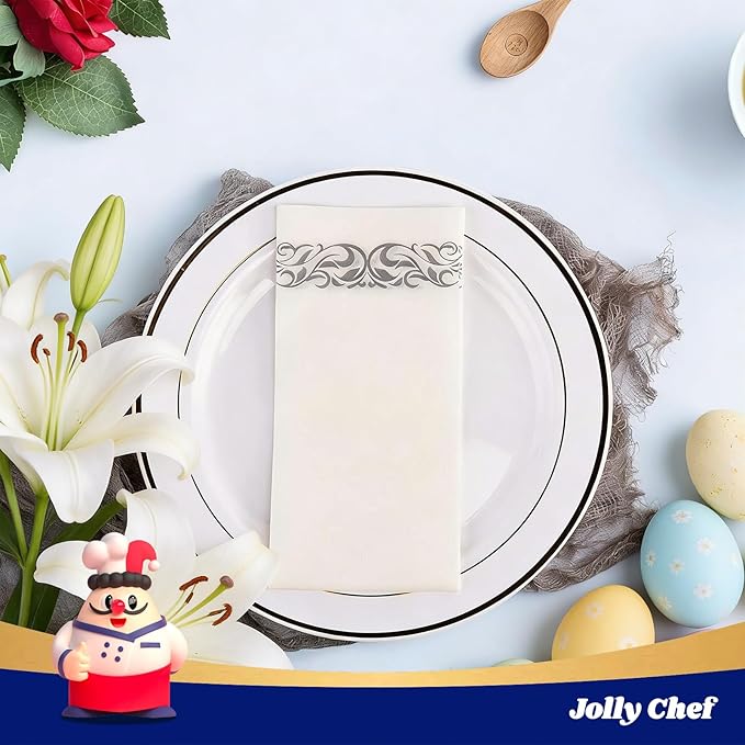 JOLLY CHEF 100 Disposable Hand Towels, Soft and Absorbent Linen Feel Dinner Napkin, Elegant Decorative Paper Guest Towels for Kitchen, Bathroom, Weddings, Parties, Silver and White