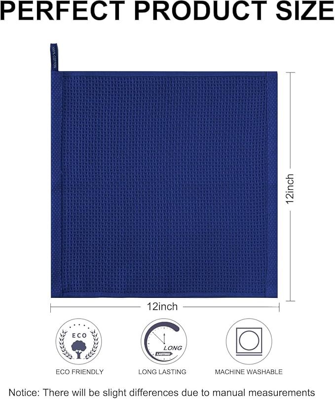 joybest Cotton Kitchen Dish Cloths, 8-Pack Waffle Weave Ultra Soft Absorbent Dish Towels Washcloths Quick Drying Dish Rags, 12x12 Inches, Navy Blue