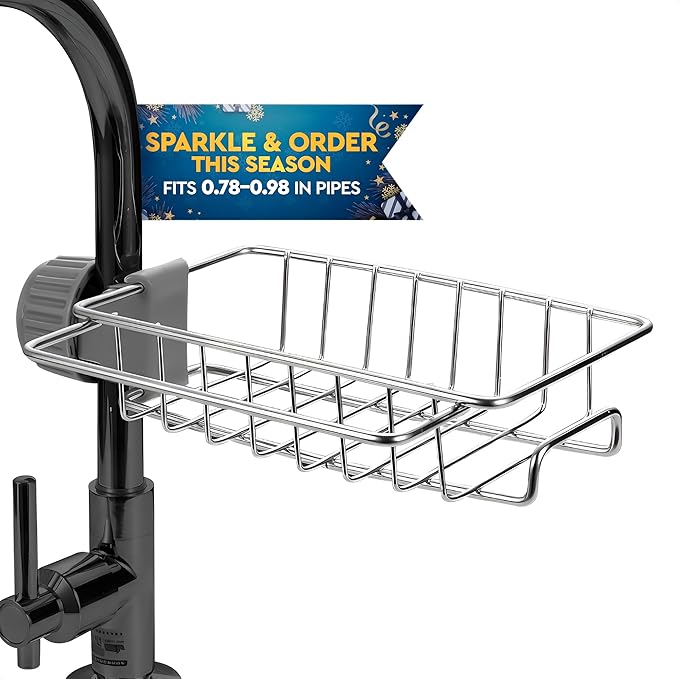 Kitchen Sink Faucet Organizer - Stainless Steel Kitchen Sink Sponge Holder Around Faucet, Rust-Resistant, 360° Rotating Design (7.0" x 5.4" x 1.69") - Fits Only 0.78" - 0.98" Diameter Pipes