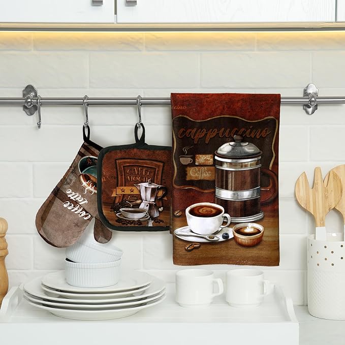 Jingmore 6 Pcs Kitchen Decor Set Accessorie Farmhouse Kitchen Towels Pot Holders Oven Mitts Set 2 Dish Towels 2 Pot Holders 2 Cooking Mittens Oven Glove for Cooking(Dark Brown,Coffee)