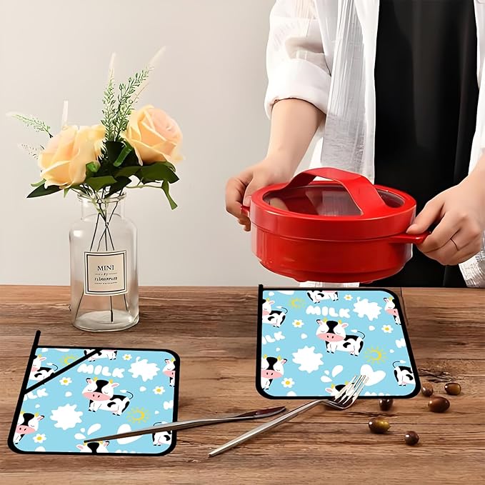 Pot Holders for Kitchen Heat Resistant Pot Holders,Cute Cartoon Black and White Cow Set of 2 Oven Hot Pads for Cooking Baking BBQ Gifts for Women Men