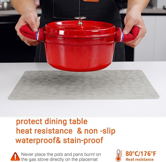 Vinyl Placemats Set of 6 Heat Resistant Easy Clean Non-Slip Place Mats for Dining Table Faux Leather Waterproof Stain Resistant Wipeable Washable PVC Table Mats(6, Light Gray)