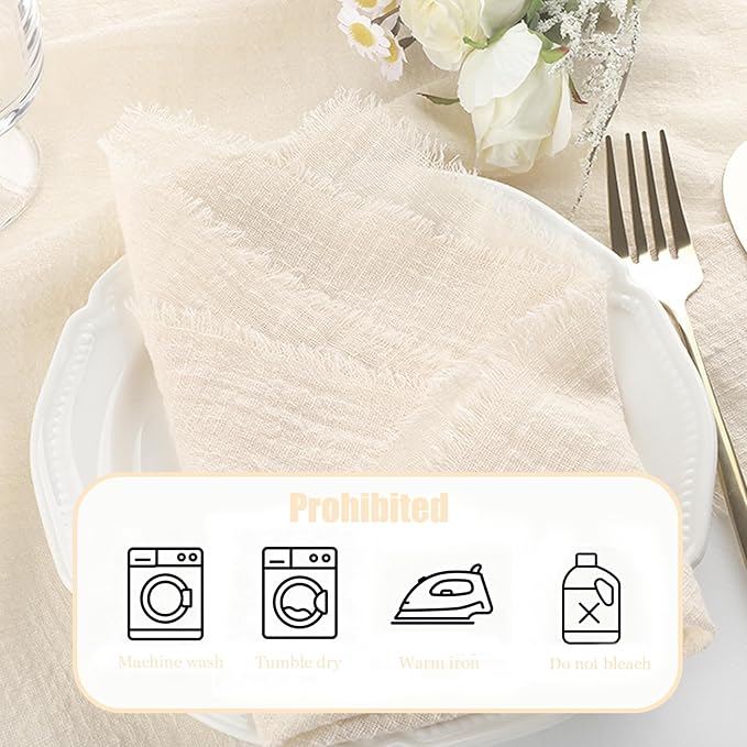 Cotton Blend Fringe Cloth Napkins - Crinkle Gauze Dinner Napkins, Reusable & Washable Table Napkins, 17" x 17" (43 x 43 cm), Multiple Colors, 12/24/48/100 Pack (24, Beige)