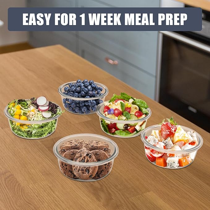 6Pack 13oz Glass Meal Prep Containers, Small Round Glass Food Storage Containers Sets with Snap Leak Proof Lids for Microwave, Freezer and Dishwasher Safe (Grey, 13oz)