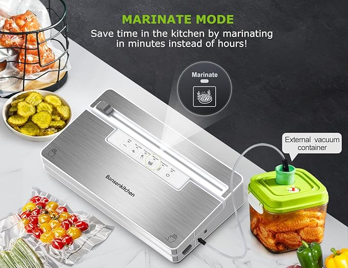 Bonsenkitchen Vacuum Sealer Machine, Stainless Steel Food Sealer Vacuum Sealers with 1 Roll & 5 Bags, 5 Food Vacuum Modes, Built-in Cutter & Bag Storage (White Silver)