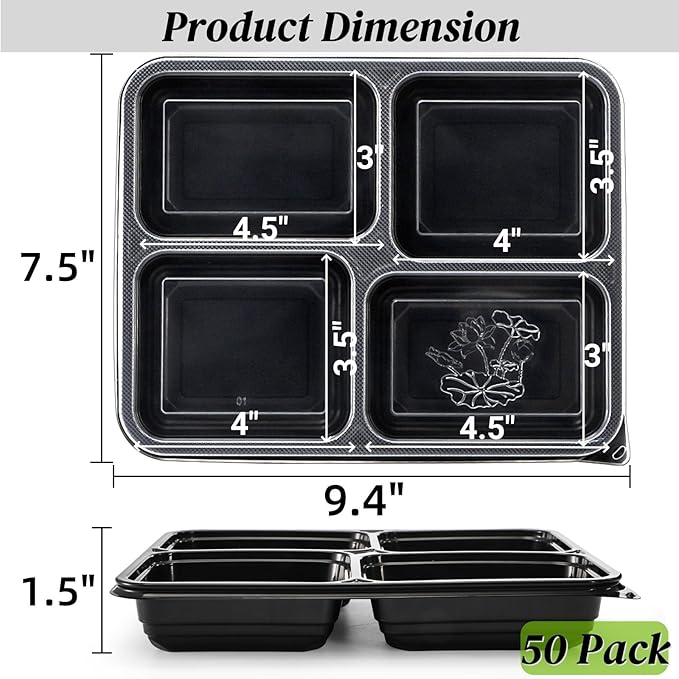 Noamus 50 Pack Meal Prep Containers, 34oz Leak-Proof Food Storage Box with Lid, Microwavable BPA Free Bento Lunch Plate, Stackable&Disposable Plastic To Go Takeout Pan for Freezer Safe, 4 Compartment