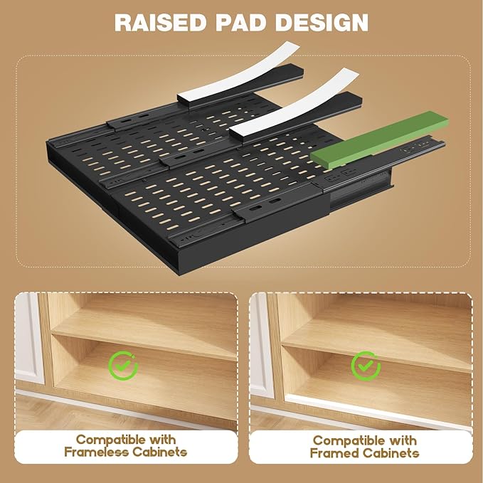 Seinloes 4 Pack Pull Out Cabinet Organizer With Raising Pad for Framed Cabinets,Expandable Width (13"-21") and Depth (17"-24"),3 Slide Rails Slide Out Drawers with Handle,No-Drill Roll Out Shelf,Black