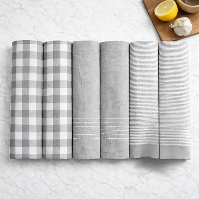 CLOUDSCAPE Kitchen Towels Set of 6 : Cotton-Blended Dish Cloths, Waffle Weave Quick-Drying Dish Towels for Kitchen Essentials, Highly Absorbent, Durable 18”x28” Hand Towels with Hanging Loop - Grey