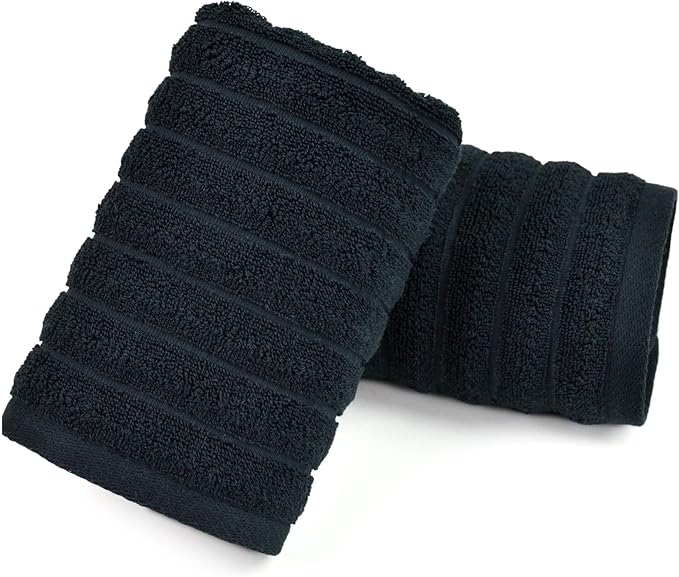 Jacquotha 2-Pack Bathroom Hand Towels (Black) Ribbed – Guest Room & Spa Premium Cotton Face Towels 13” x 29”, Soft and Quick Drying 480 GSM