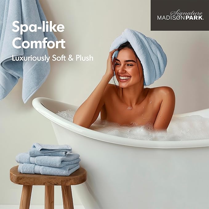 Madison Park 800GSM Bathroom Towel Set of 8 100% Cotton Bath Towel Set for Bathroom Luxurious Highly Absorbent 2 Bath Towels 2 Hand Towels 4 Washcloths Quick Dry Spa Quality Light Blue