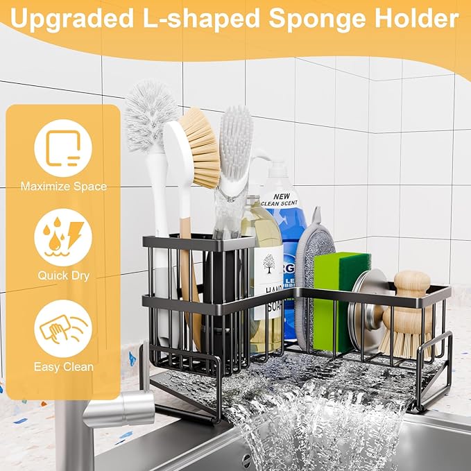 TEAMOLA L-Shaped Kitchen Sponge Holder, Extra Large Sponge Caddy for Sink, Black Sponge Caddy for Kitchen with Brush Holder, Metal Kitchen Countertop Organizer Essentials for Sink Sponge Caddy