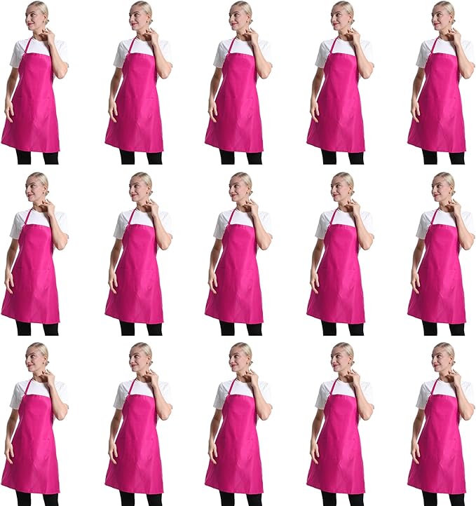 Pink Plain Bib Aprons Bulk for Women Men Adult with 2 Front Pockets (Hot Pink,15pcs), 60x70cm